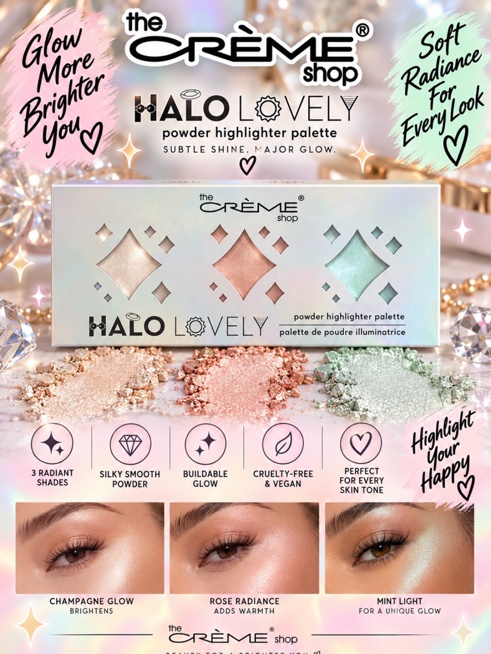 The Crème Shop Halo Lovely Omega Powder Highlighter Palette Trio